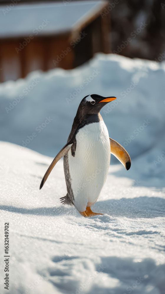 Obraz premium Penguin Playing in Snow Natural Light Clean Background