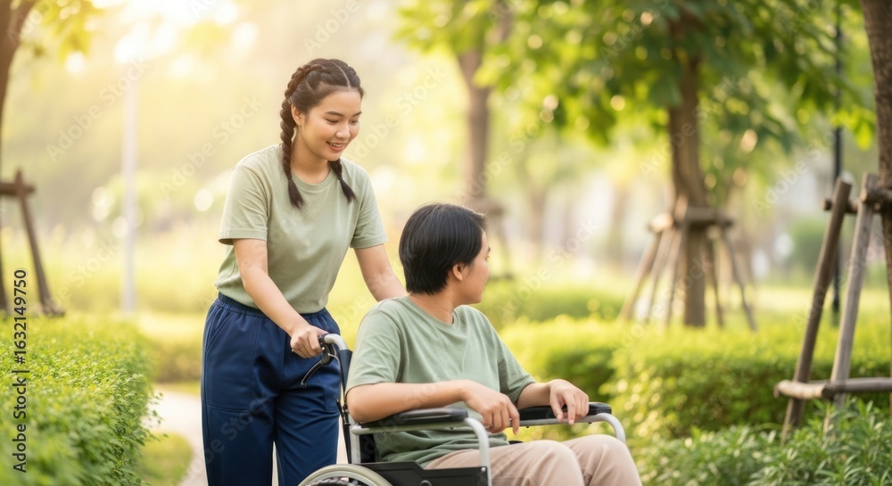 A young woman pushing a wheelchair with a person inside in a park setting. A young woman pushing a wheelchair with a person inside in a park setting.
