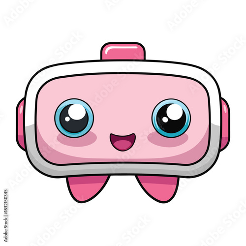 Happy pink robot head with kawaii face, big sparkling eyes and cheerful expression, cute cartoon technology character on white background