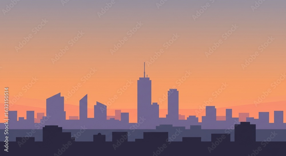 Fototapeta premium Cityscape Silhouette at Sunset: A Gradient Sky Over Urban Buildings