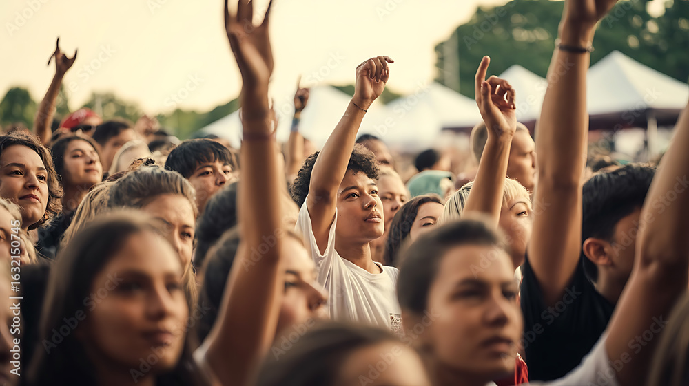 Fototapeta premium Crowd raises hands, energized by a concert. 