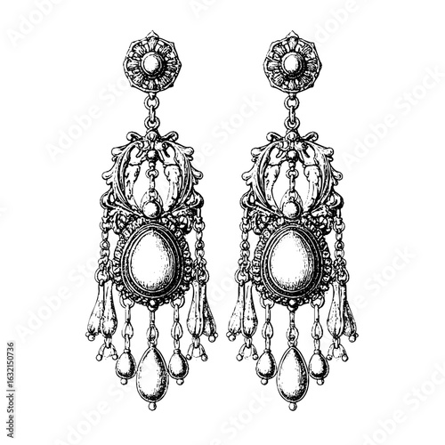 Ornate Vintage Earrings with Gem and Tassel – Copperplate Style