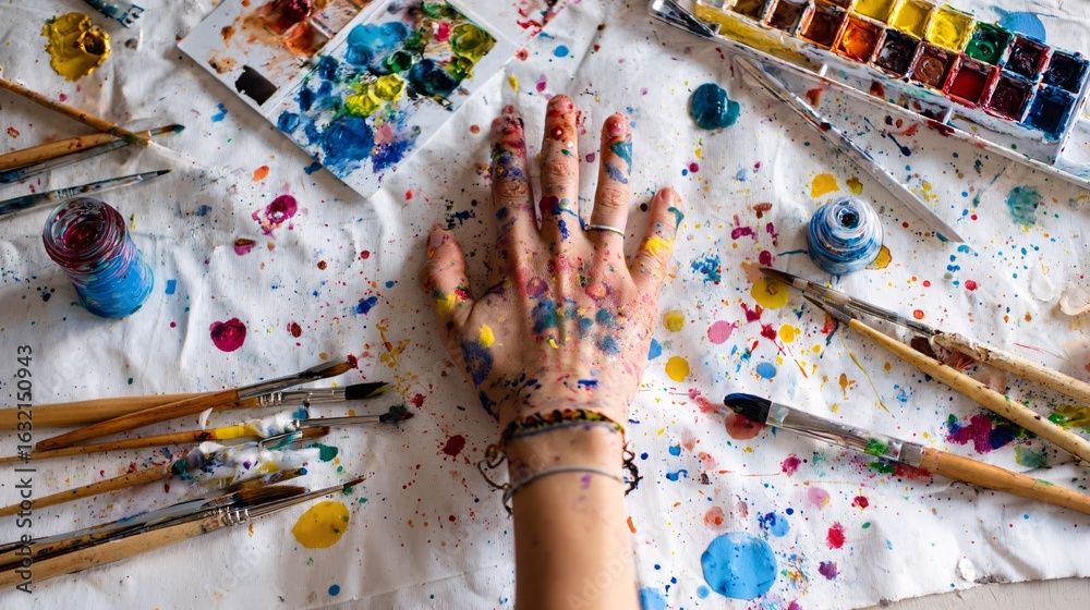 Fototapeta premium Painted Hand Among Watercolor Tools and Colors
