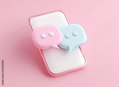 Pastel-colored smartphone with chat bubbles.  Pink and light blue speech bubbles rest atop a white smartphone screen, set against a soft pink background. 