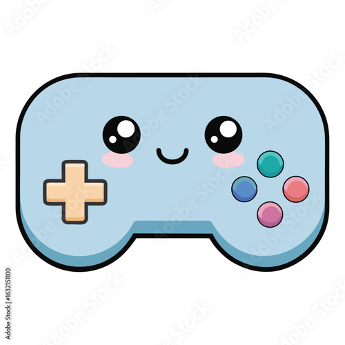Cute blue game controller with kawaii face, smiling joystick with colorful buttons and blushing cheeks, cartoon gaming icon on white background