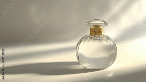 glass perfume bottle with simple gold cap white background natural lighting
