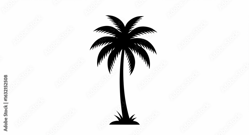 Obraz premium Solitary Palm Tree Silhouette Against a Clean White Backdrop, Minimalist Tropical Icon