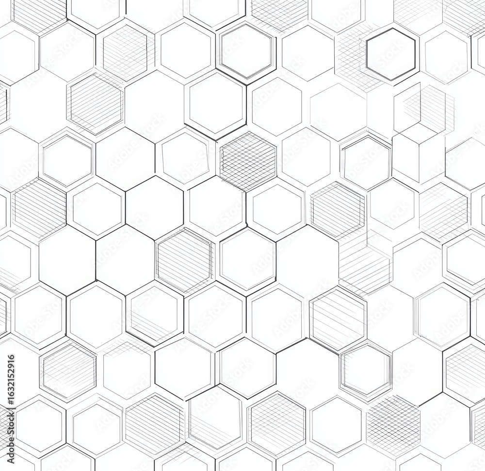 Abstract repeating pattern of overlapping hexagons in shades of gray and white Abstract repeating pattern of overlapping hexagons in shades of gray and white
