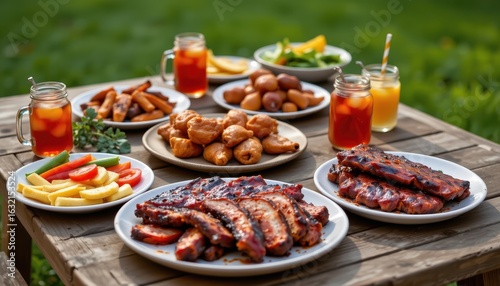 Wallpaper Mural wooden picnic table filled with summer bbq fare including ribs wings grilled vegetables and cold drinks in glass jars Torontodigital.ca