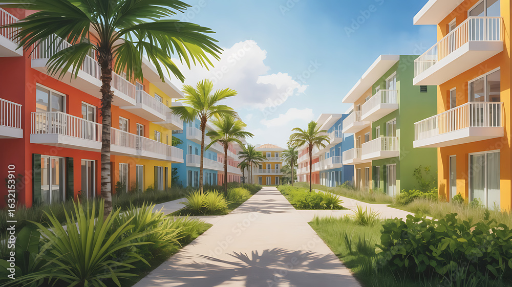 Colorful buildings line a tropical walkway.
Colorful buildings line a tropical walkway.