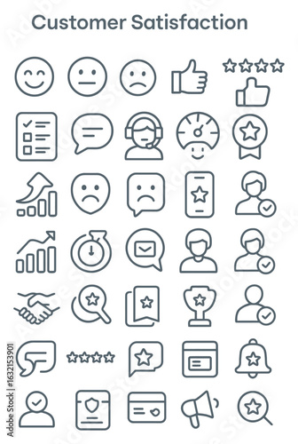 Customer satisfaction line art representing various aspects of positive feedback and service quality in a clean and modern style.