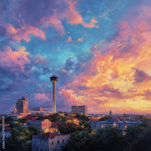 San Antonio at sunset with colourful sky illustration