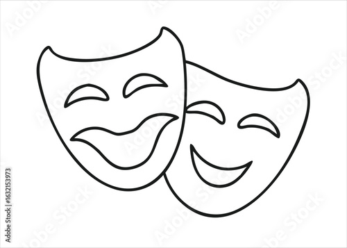A minimalist single continuous line drawing artfully depicts a theatrical mask conveying a sense of humor and a subtle smile isolated on white background