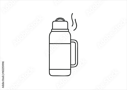 Minimalist outline icons representing thermos bottles and outdoor adventure gear for travel and camping themes isolated on white background