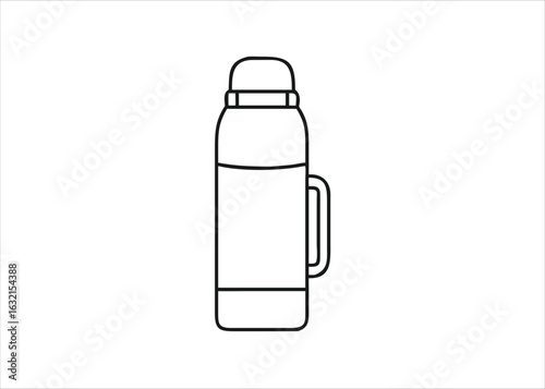 Minimalist outline icons representing outdoor adventure gear including a thermos bottle and related equipment for travel and camping activities isolated on white background