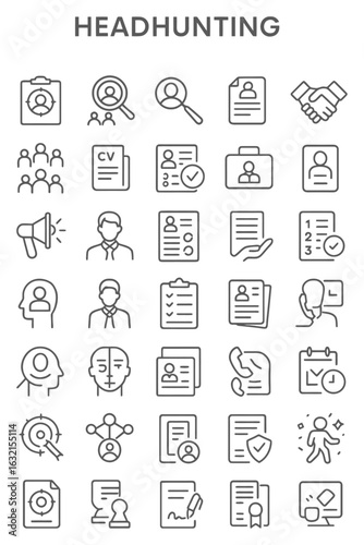 Collection of headhunting themed line art depicts recruitment and job search processes in a clean and modern style.