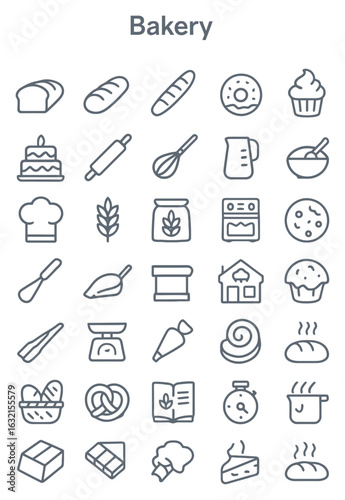 Bakery items and tools depicted with simple lines show casing various baking elements in a clean and minimalist style, suitable for culinary projects.