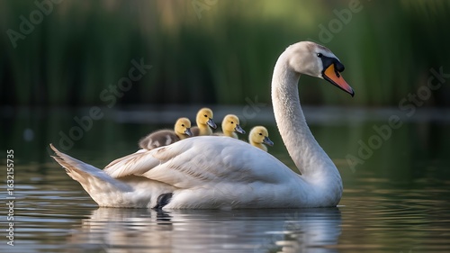 Fototapeta Naklejka Na Ścianę i Meble -  Adult swan with cygnets riding on its back baby swans