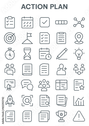 A set of thin line icons illustrating concepts for an action plan, including strategy, goals, teamwork, and project management.