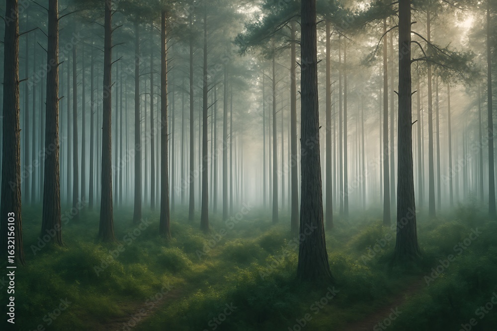 Fototapeta premium Misty forest scene with tall pine trees and soft light