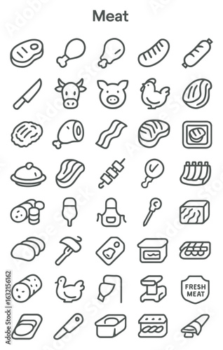 A collection of line icons representing various types of meat, butchery tools, and related products.