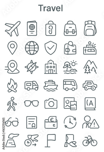 Line art travel symbols depicting various modes of transportation, landmarks, and essential items for a journey, conveying a sense of adventure and exploration.