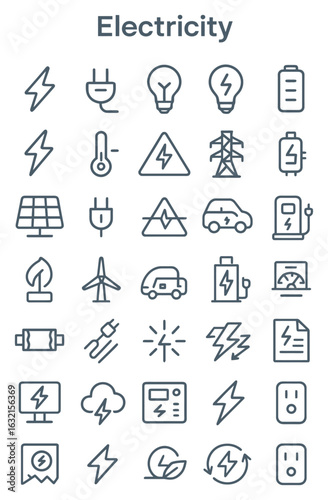 A collection of thin line icons representing various concepts of electricity, energy, and power, arranged in a grid.