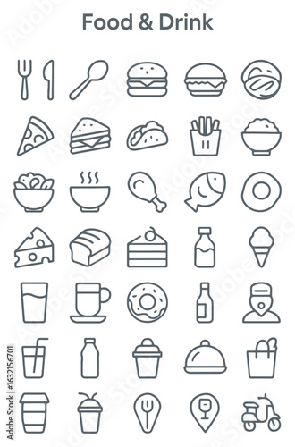 A grid of thin line icons for food and drink, featuring meals, snacks, beverages, and delivery service symbols.