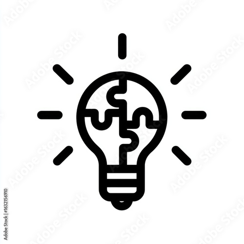 A simple, black line drawing of a lightbulb with a puzzle inside.  Bright rays emanate from the bulb