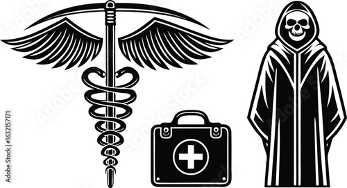 Grim reaper caduceus and medical bag symbols representing death medicine and healthcare concepts