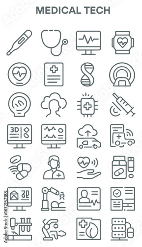 A grid of thin line icons depicting medical technology concepts like diagnostics, telehealth, robotic surgery, and digital health.