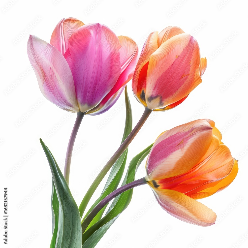 Fototapeta premium Three vibrant tulips in soft pinks and oranges, with green leaves, isolated against white