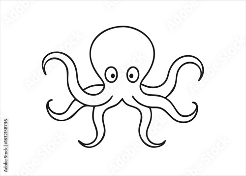 A charming black outlined cartoon octopus illustration with flowing tentacles perfect for marine themes presented as a clean graphic isolated on white background