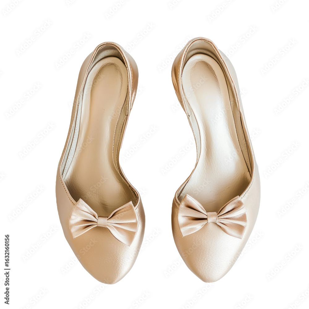 Fototapeta premium A pair of delicate gold ballet flats with a simple bow on the toe, placed gracefully on a white backdrop. isolate on transparent background