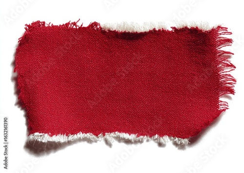 A red fabric swatch, ripped and frayed, against a white background.  It has uneven edges, with the frayed edges showing a lighter color