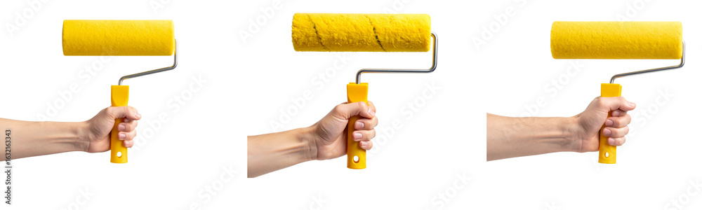 Obraz premium Set Close-Up of Hand Firmly Gripping Yellow Paint Roller Handle, Black Background Effect, isolated on transparent background PNG