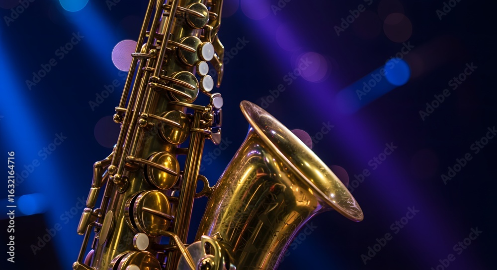 Obraz premium A gleaming alto saxophone rests under vibrant stage lights, ready for a performance.
