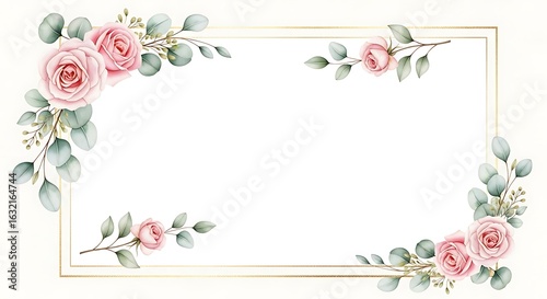 Elegant Watercolor Frame with Pink Roses and Eucalyptus Leaves on a Gilded Border