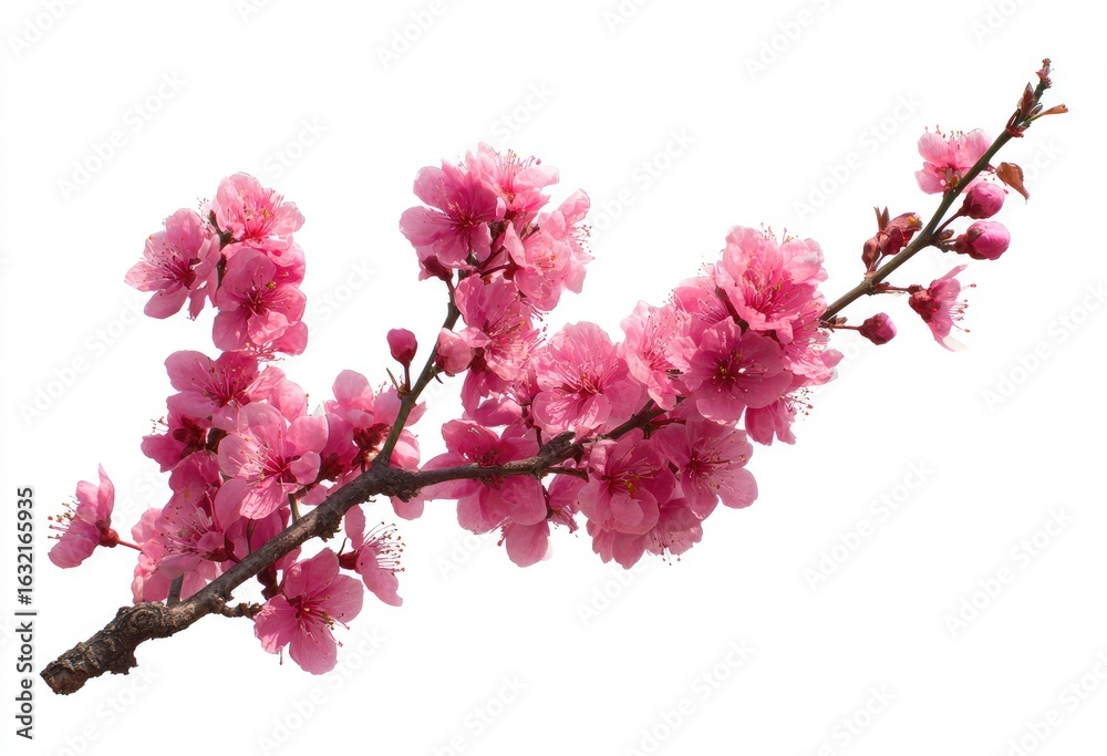 Obraz premium Delicate pink blossoms on a branch against a white background. A cluster of vibrant pink flowers, in full bloom, sits atop a light brown branch.