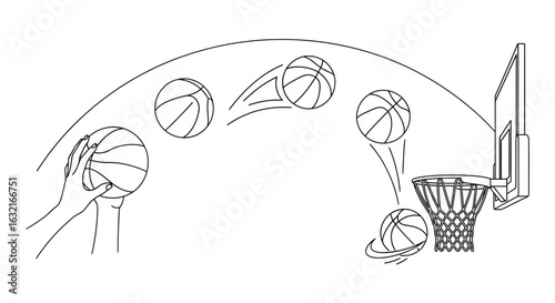 Dynamic basketball silhouette captures the thrilling arc of a perfect shot entering the net, showcasing the sport's action and flow