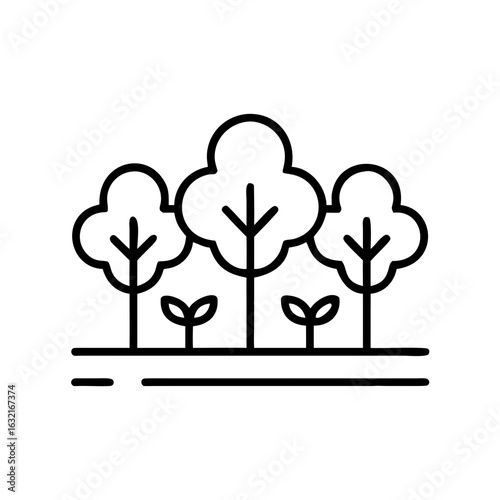 Black outline icon of young trees and saplings in rows, representing a tree nursery, afforestation, or landscape restoration.
