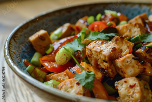 Stir-fried tofu and vegetables in a flavorful sauce, perfect for a healthy and delicious vegetarian meal.