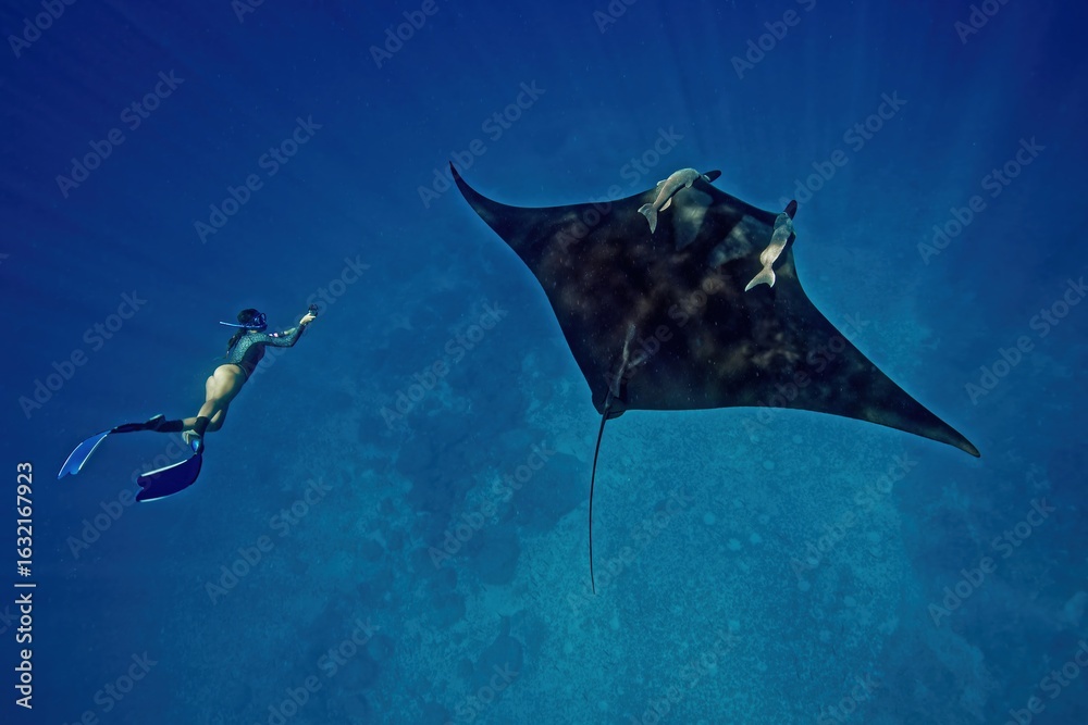 Φωτογραφία Giant Manta ray (mobula birostris) and free diver in the Sea of Cortez (Mexico)