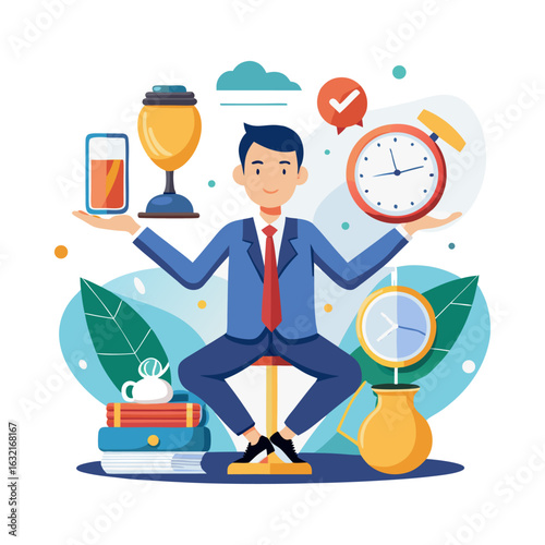 Confident CEO Practicing Effective Time Management with Clock and Calendar – Business Leadership Vector Illustration for Productivity and Success