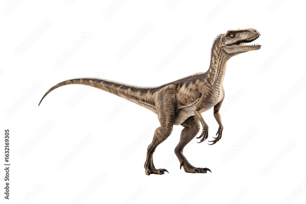 Fototapeta premium Realistic brown striped Velociraptor dinosaur in hunting pose with claws, isolated on a transparent background