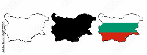 Vector set of Bulgaria map in three styles: outline, solid black silhouette, and filled with national flag colors. Ideal for educational use, infographics, presentations, or travel-themed designs.