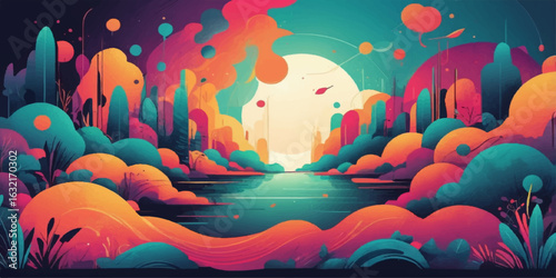 Foto An abstract and colorful vector illustration of a fantasy landscape with flowers