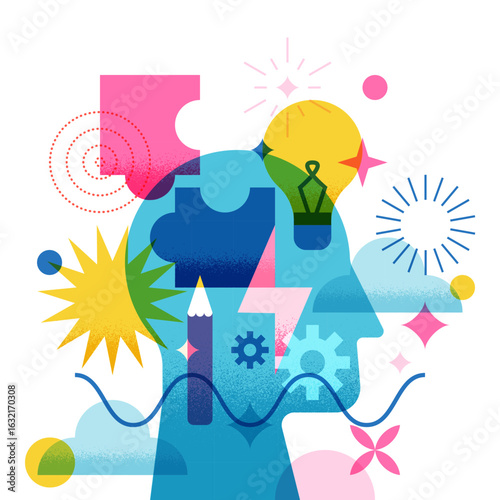 Head with puzzle, light bulb, flash, gear, cloud symbols. Vector concept for creativity mind, innovation education