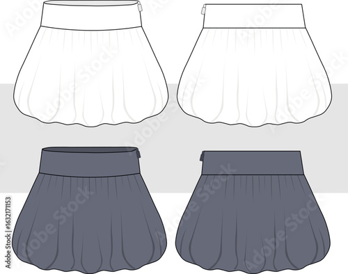 Balloon Skirt technical fashion illustration. Mini Skirt flat sketch vector. Front and back view, CAD mockup.