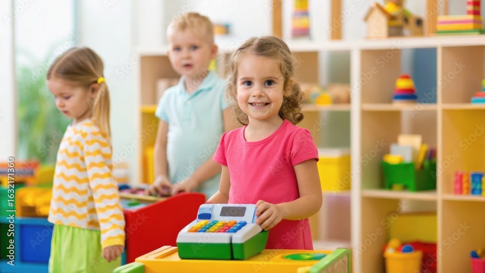 Fototapeta premium Children playing in a colorful classroom with a cash register toy, engaging in imaginative play and learning.